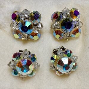 1960s Vintage —  2-pair Iridescent Aurora Borealis Cluster Clip-on Earrings